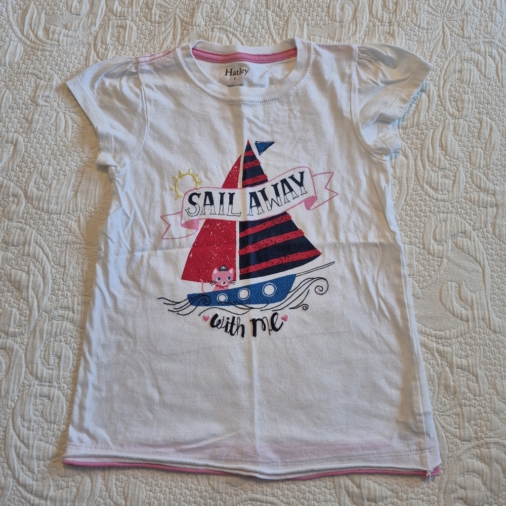 Hatley girls size 8 white sailboat short sleeve shirt VGUC